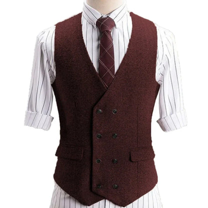 Men Vest Khaki Herringbone Double Button Solid Waistcoat For Wedding Banquet Business Office Work Casual Daily Men Suit Vest