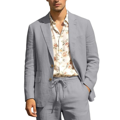 Men's Linen Suit 2 Piece Set Blazer & Drawstring Pants Business Casual Suit Jacket Trousers Summer Beach Wedding Formal Outfit