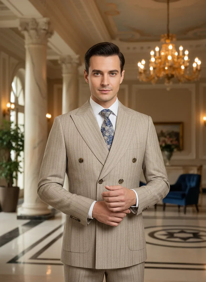 Two-Piece Dress Green Fashion Stripe Double Breasted Wedding Groom Costume Leisure Office Business Men Suits
