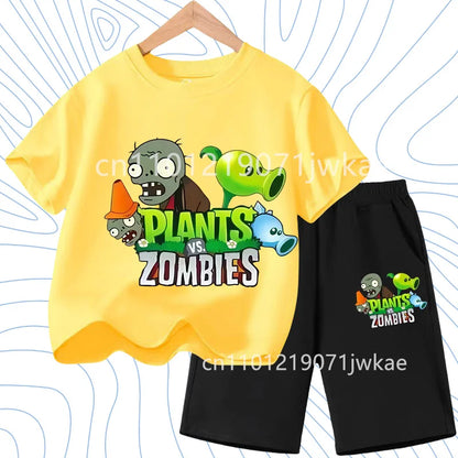 Children's Plants Vs. Zombies Short-Sleeved T-Shirt Set Cotton Summer Fashion Comfortable Top+pants for Boys and Girls