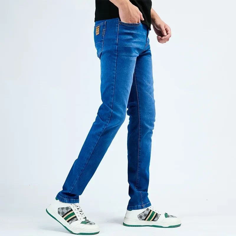 2025 Autumn New Men's Slim Elastic Jeans Fashion Korean Small Straight Pencil Pants Soft Comfortable Casual Green Denim Pants