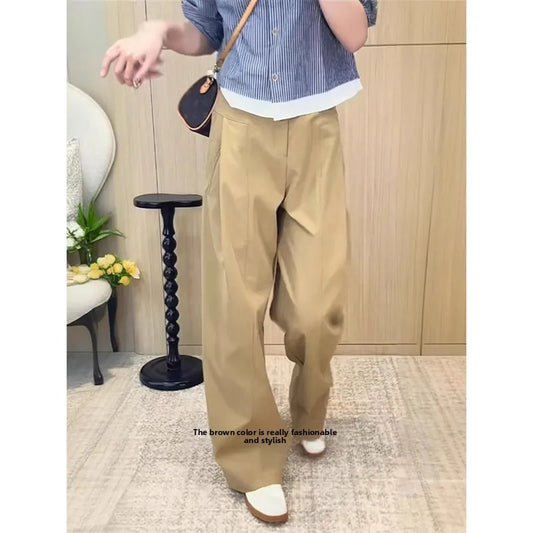 Khaki Casual Pants Women plus Size 200 Pou Loose Straight Leg High Waist Slimming Wide Leg Pants Commute Sle Korean Version