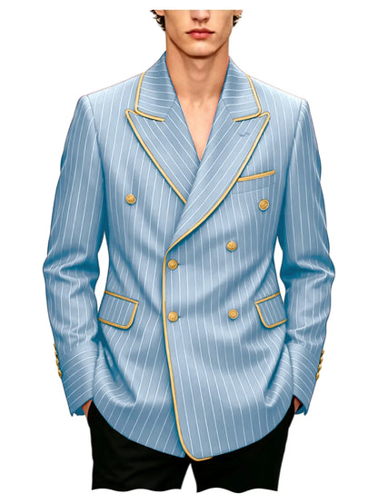 Luxury Men's Pinstripe Blazer Gold Trim Peak Lapel Formal Suit Breathable Lightweight Jacket for Business Party Wedding Coat