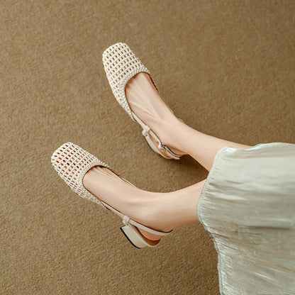 French square-toed woven high-heeled sandals, 2025 summer new skeletonized fashionable leather fabric mid-heel women's shoes