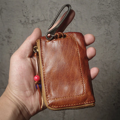 Top Cowhide Car Key Bags Men Women Vintage  Zipper Coin Purse Genuine Leather Wallet Card Holde ‌Housekeeper Home Organizer
