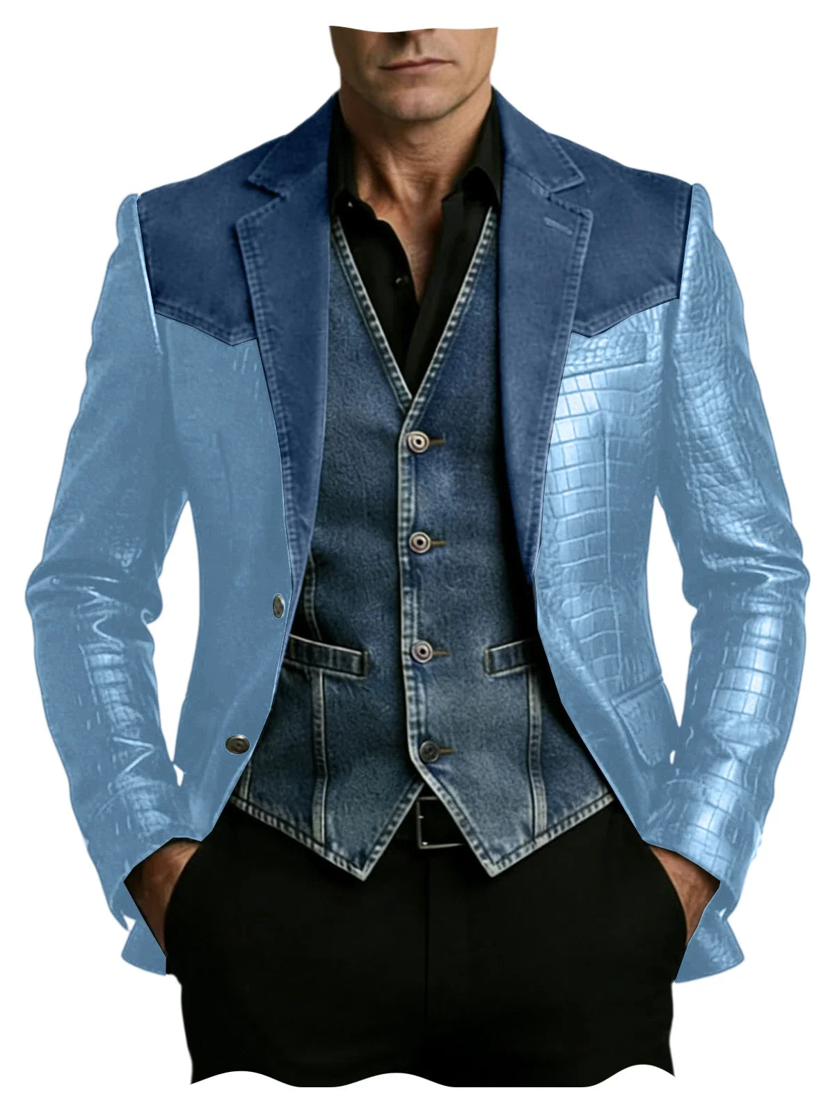 Men's Patchwork Denim & Crocodile Leather Blazer Two-Tone Western Style Suit Jacket Vintage Casual Fashion Coat