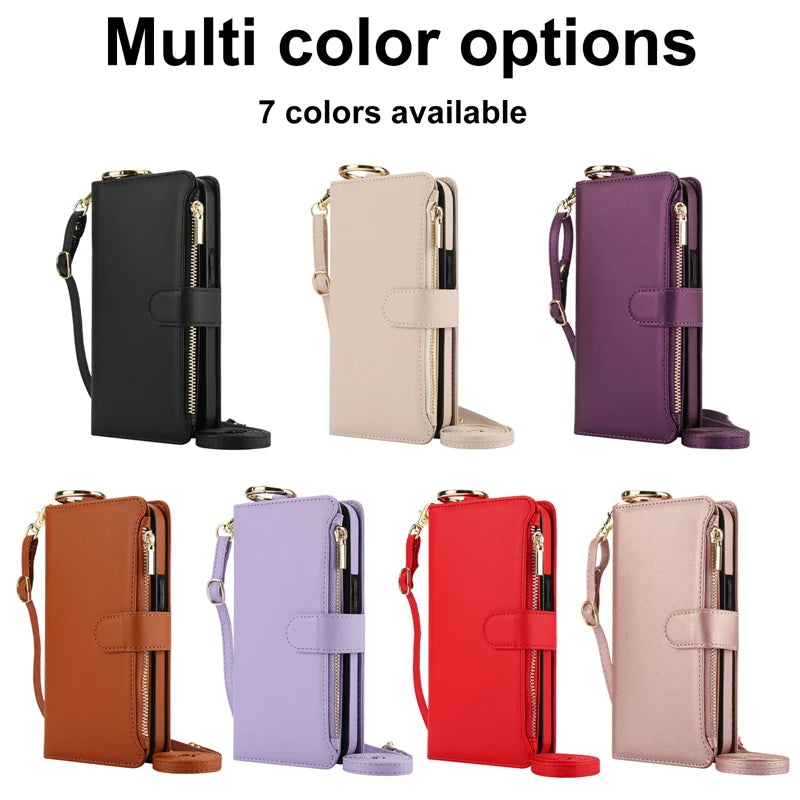 Multifunction Card Slots Holder Zipper Wallet Flip Phone Case for IPhone 15 14 13 12 11 Pro Max Plus XS XR X 15Pro Strap Cover