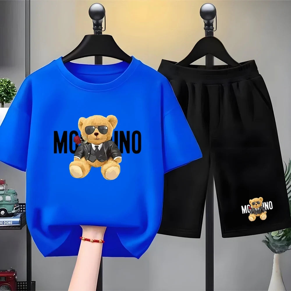 Fashion Letter Bear Print Children Summer Clothing Tshirt+Shorts Black Boy Girl Red Toddler 3-12Yrs Leisure Short-Sleeved Set