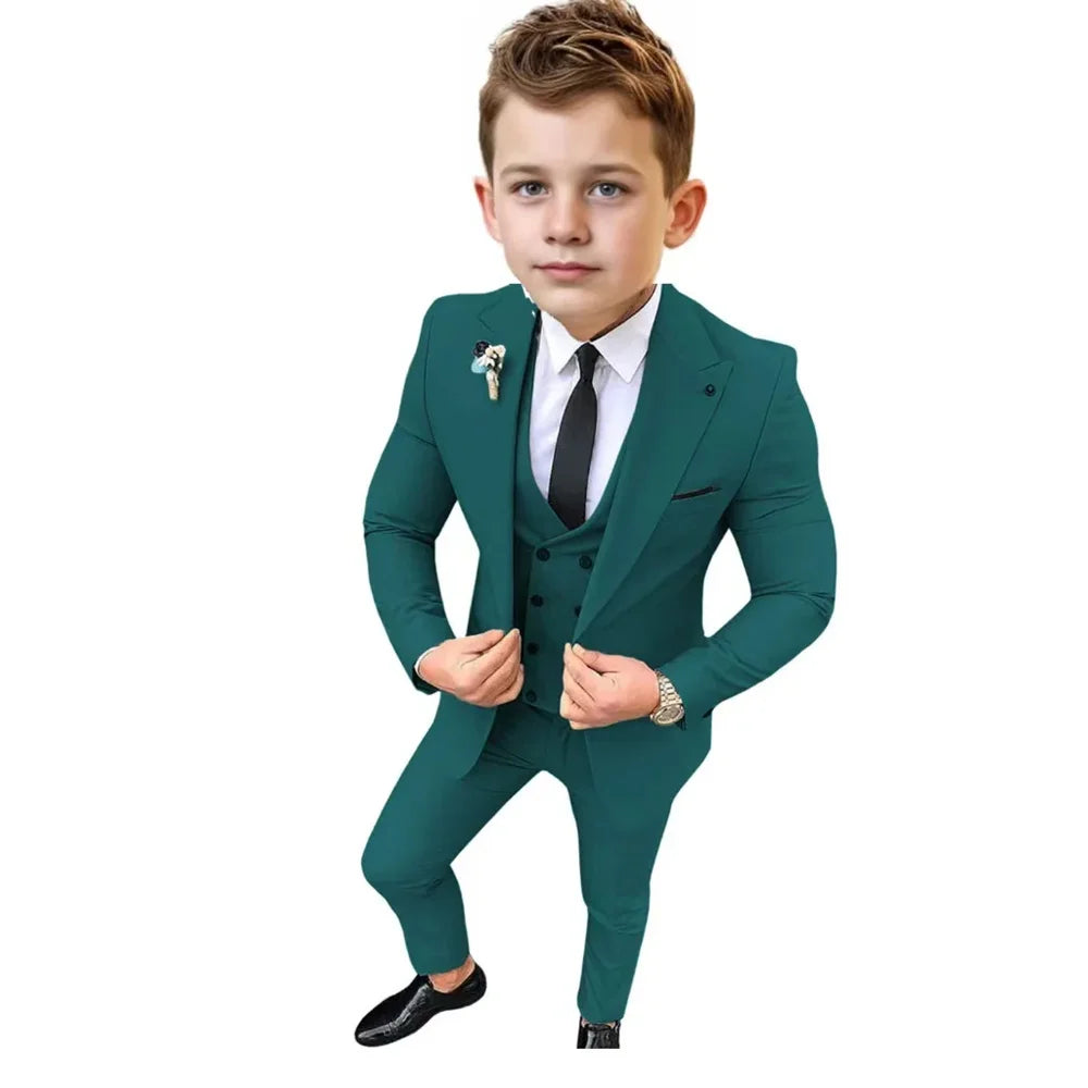 Boys Formal Slim Fit Suits 3 Pieces Holiday Celebration Outfit,Autumn Long Sleeve Kids Peak Lapel Suit Set Wedding Guest Wear