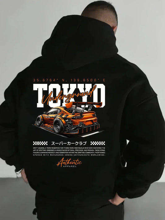Men'S Tokyo Racing Graphic Hoodie Stylish Black Pullover with Orange Sports Car Design Loose Fit Long Sleeve Casual Streetwear