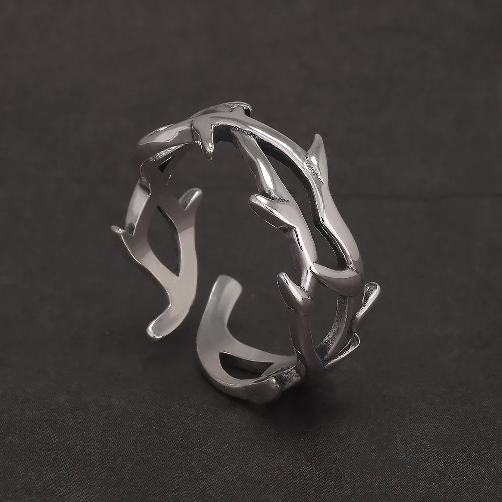 925 Sterling Silver Gothic Thorn Couple Rings for Women Men Punk Retro Cool Spiky Finger Ring Adjustable Hip-hop Y2k Jewelry