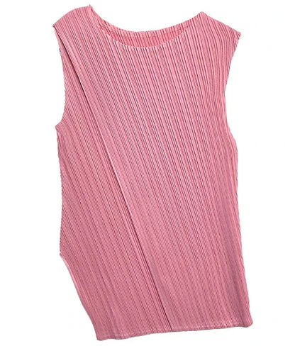 Sleeveless T-shirt Miyake Pleated Summer New Round Neck Slim Thin Versatile Irregular Women's Undershirt Tops Multiple Ways Wear