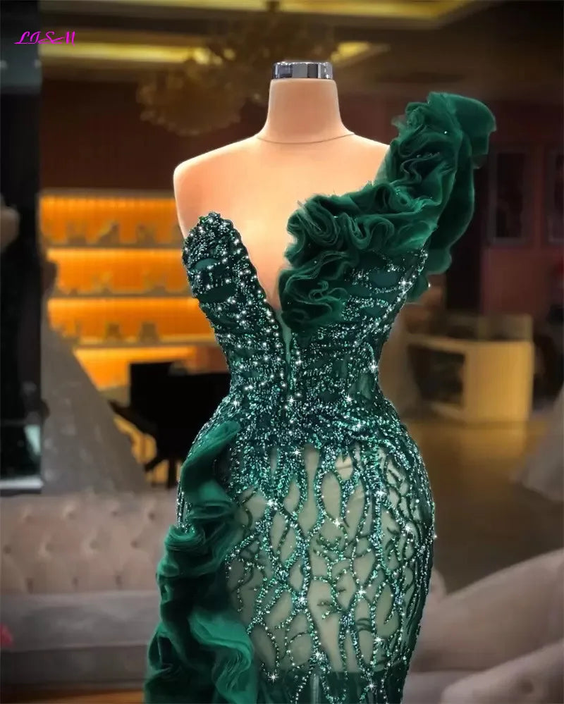Luxury Beaded Appliques Mermaid Evening Dresses Elegant Side Split Ruffles Tulle Prom Dress Glitter Sequins Formal Gowns