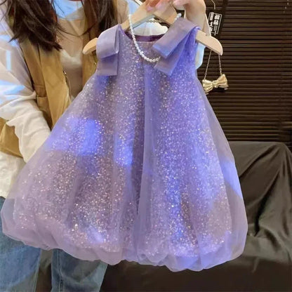 Summer New Girls' Sequined Lace Bow Bubble Princess Dress Korean Version Fashionable Solid Color Kids Clothes 2-7 Years Old