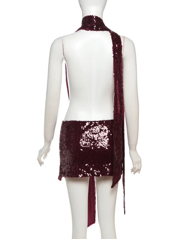 Coquettish Shiny Sequins Dress Women Halter Scarf+Sexy Deep V-Neck Backless Sleeveless Ruched Ribbon Club Hottie Outfits