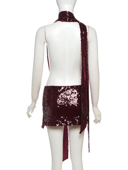 Coquettish Shiny Sequins Dress Women Halter Scarf+Sexy Deep V-Neck Backless Sleeveless Ruched Ribbon Club Hottie Outfits