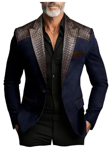 Men's Faux Suede Jacket with PU Leather Collar & Shoulder Two-Tone Blazer Contrast Trim Coat