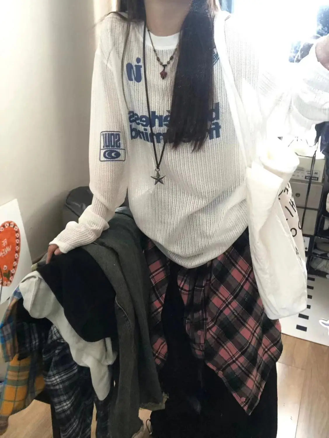 HOUZHOU Y2k Kpop Oversize Women T-shirts Hollow Out Harajuku Sexy Gyaru Streetwear Long Sleeve Knitted Top Korean Fashion Casual
