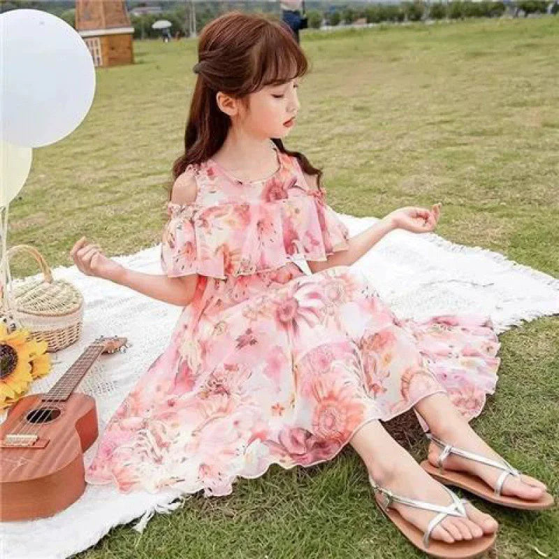 Summer Thin Girl Dress Floral Chiffon Princess Children's Dress Vestidos Summer Girls Casual Dresses Robe Fille Kids Clothes