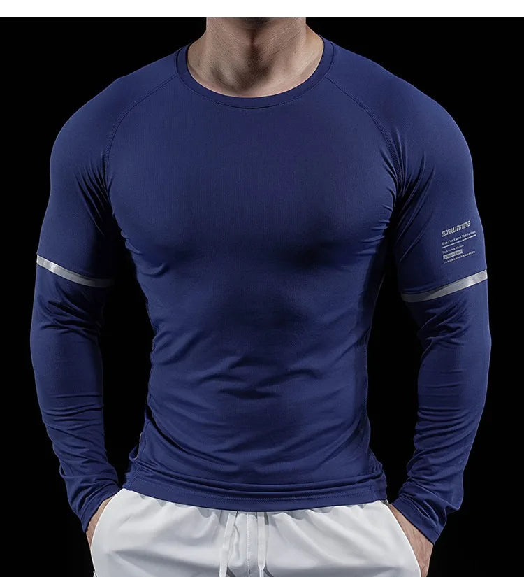 Autumn New Men's Sports Gym Fitness Clothes Reflective Strips Round Neck Training Long-sleeved T-shirt Running Slim Breathable