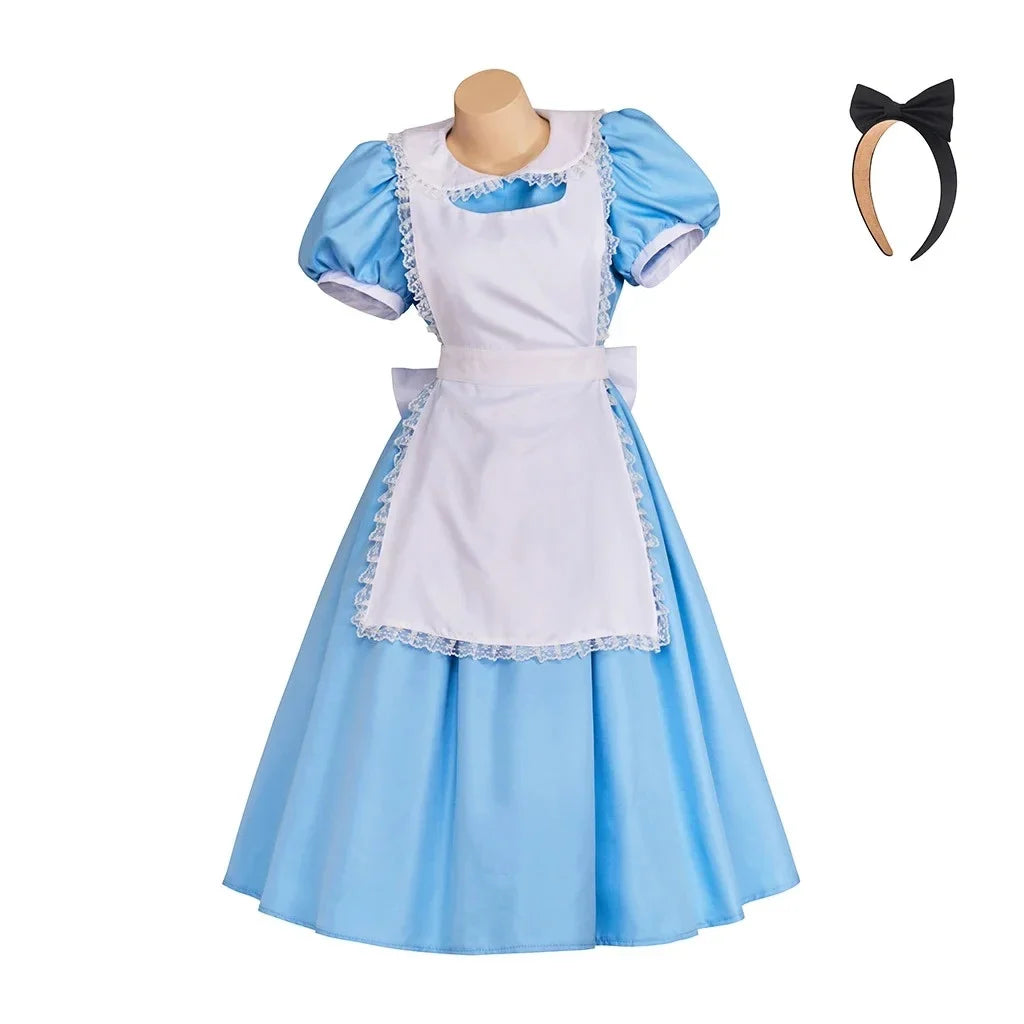 Adult Women Wonderland Alice Lolita Maid Dress With Apron Bow Hair Band Outfits Halloween Party Fancy Alice Costume Dress