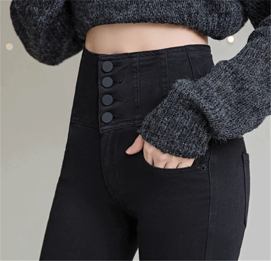 Button Fly Jeans High Waist Front for Women Tummy Control Stretch Denim Black Petite XS - 4XL Dress Pants With Pocket