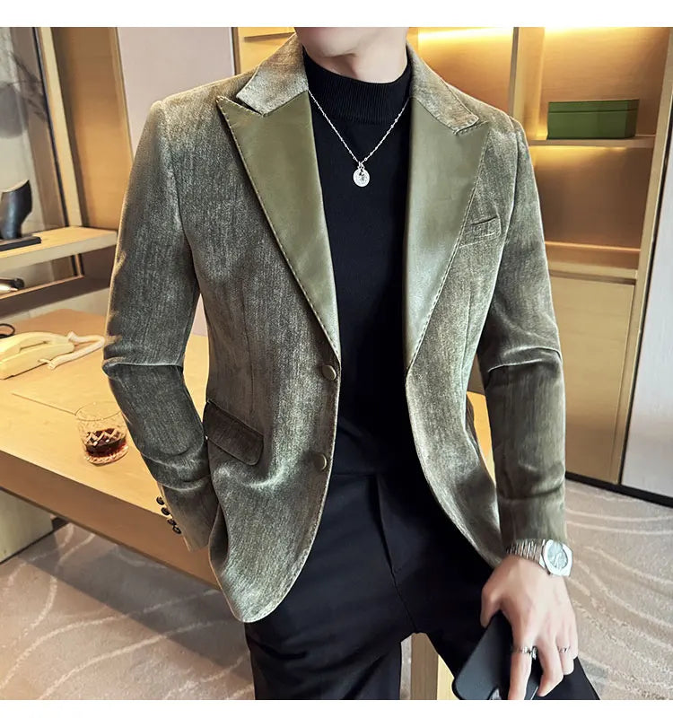 Splicing Leather Neck Fashion Suit Jacket Luxury Men's Business Slim Fit Social Formal Blazers Coats Wedding Groom Tuxedos 5XL-M