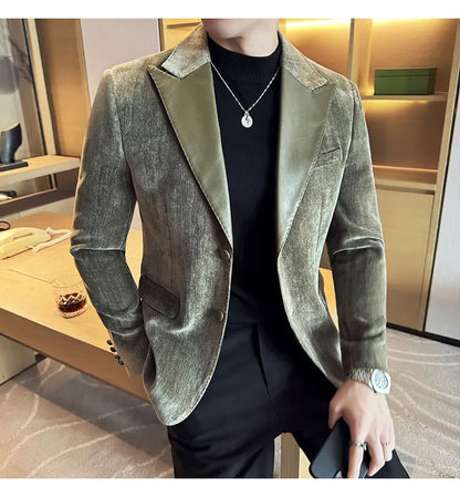 Splicing Leather Neck Fashion Suit Jacket Luxury Men's Business Slim Fit Social Formal Blazers Coats Wedding Groom Tuxedos 5XL-M