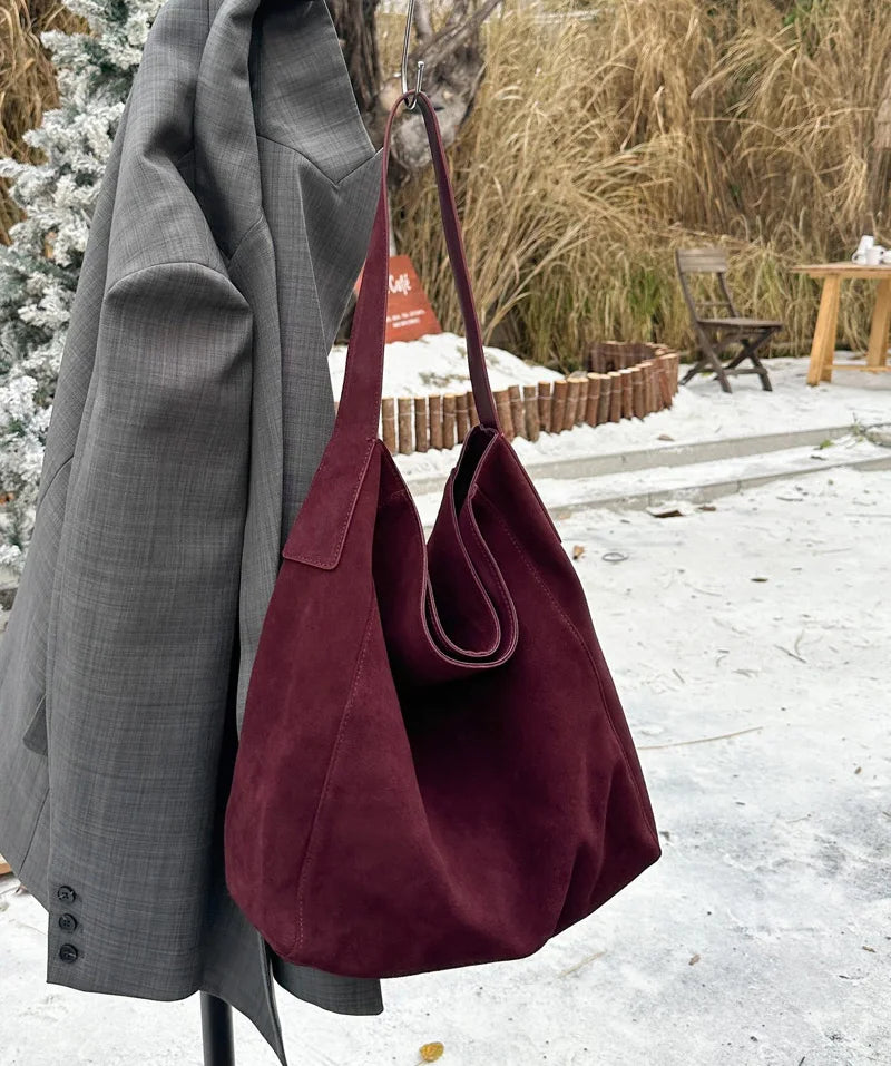 2025 Women's Frosted Leather Tote Bag Large Capacity Soft Suede Bucket Handbag Lady Minimalist Underarm Hobo Shoulder Bag