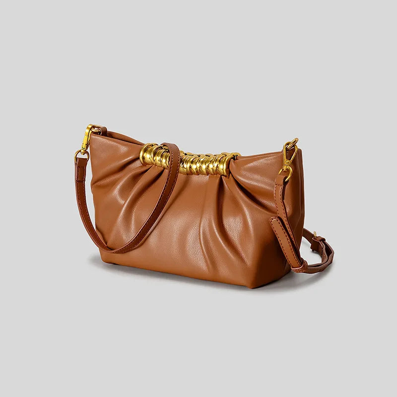 Elegant Ruched Hobos Clucth Bag Luxury Designer Metal Handle Women Handbags Soft Pu Leather Shoulder Crossbody Bags Party Purses