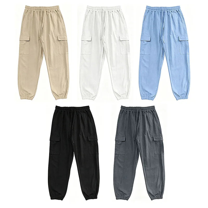 Men's Cotton Linen Blend Cargo Jogger Pants Elastic Waist Drawstring Multi Pockets Casual Breathable Streetwear Trousers for Men
