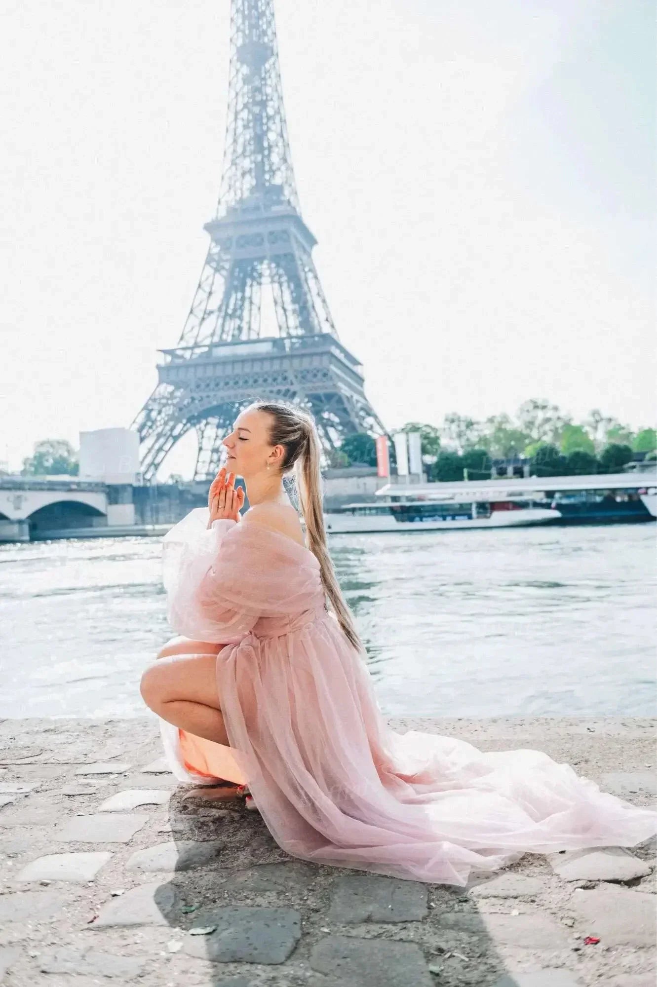 Customized Pink Shiny Tulle Prom Dresses Off Shoulder Long Puff Sleeve Evening Party Gowns Slit Women Wedding Dress