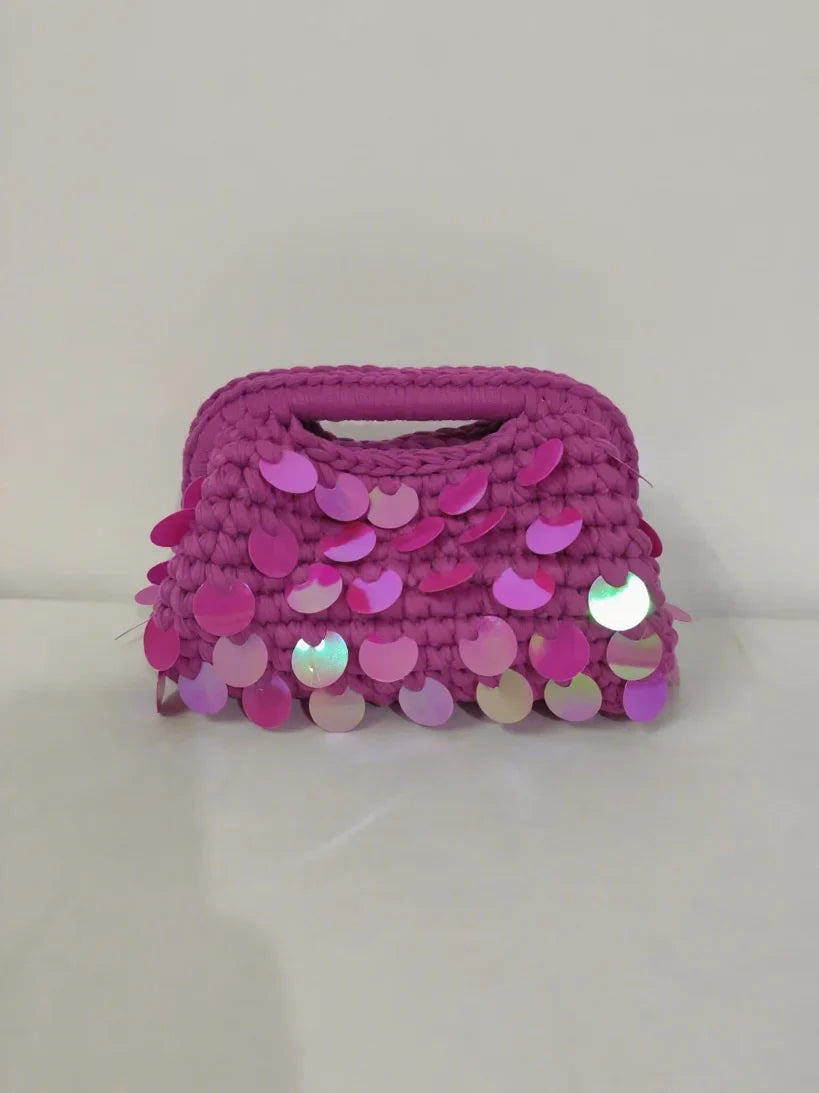 Yingzi Small Sequin Crochet Cluth Bag with Shine Paillettes Handmade Evening Bag Makeup Bag