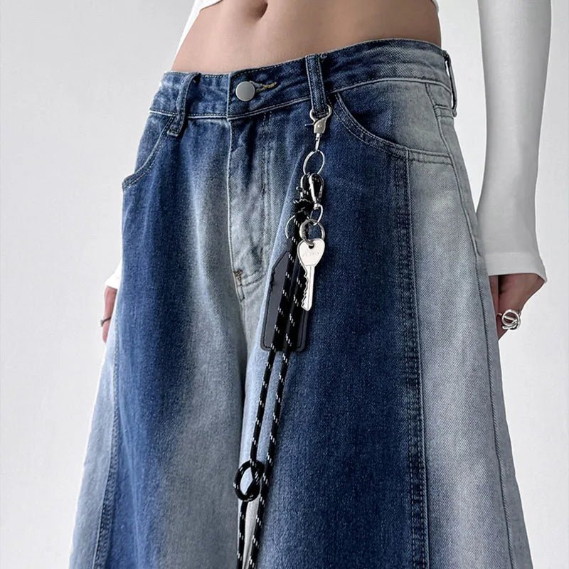 Korean Retro Gradient Jeans For Women Straight Leg Pants Wide Leg Casual Pants Blue Jeans Y2k Pants Baggy Without Pendant