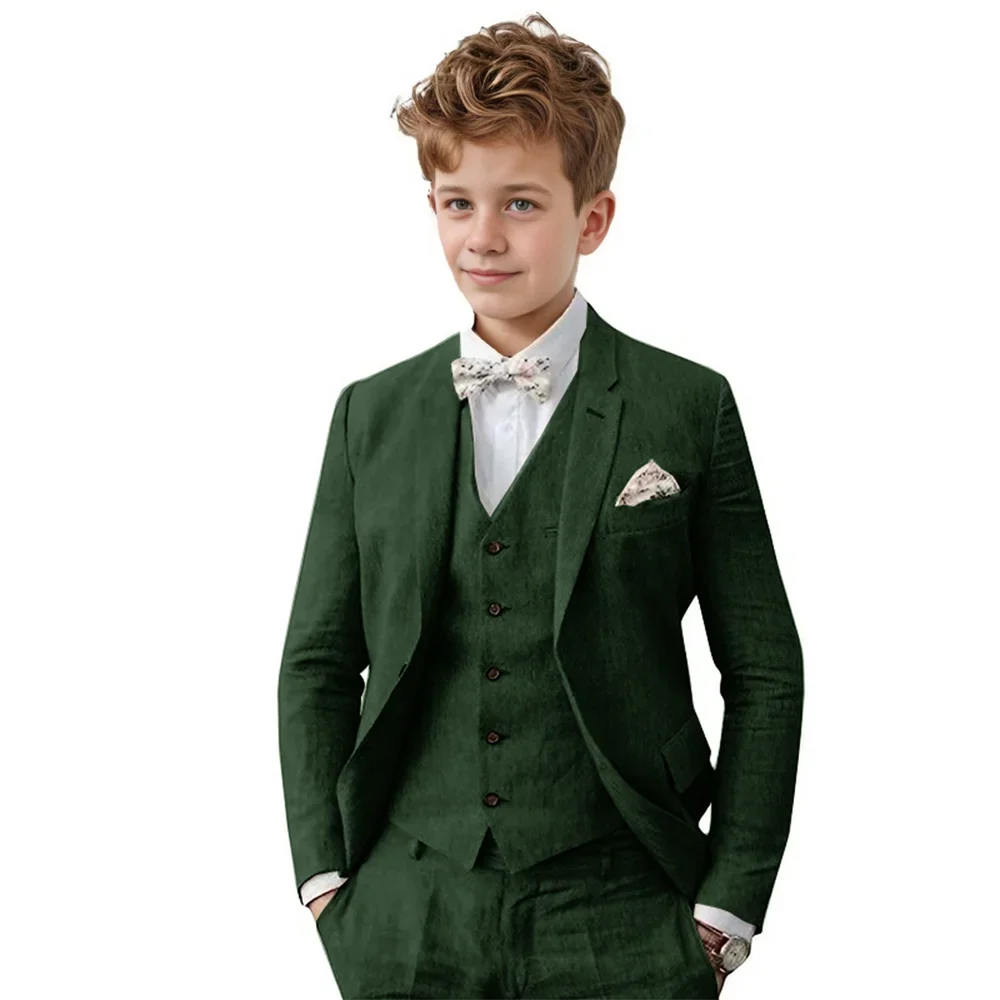 Breathable Linen Boys Suit Set 3 Pieces For Wedding Party,Notched Lapel Kids Suits Piano Performance Outfit Toddler 3-16Y