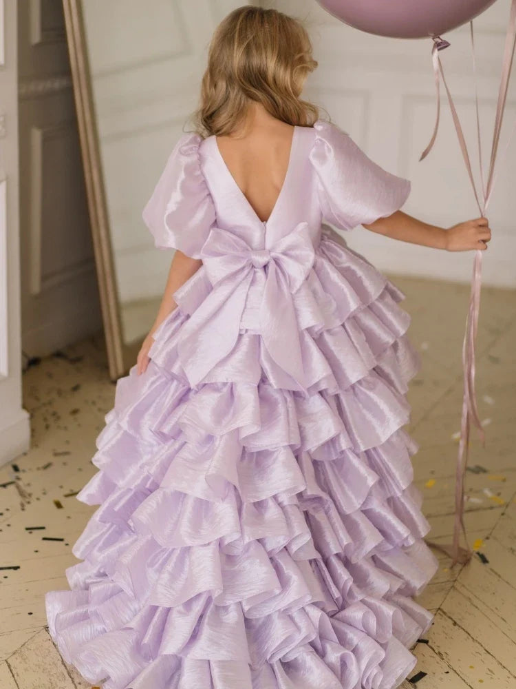 Customized Flower Girl Dresses Beige Tiered With Bow And Tailing Short Sleeve For Wedding Birthday Party Holy Communion Gowns