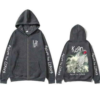 Rock Band Korn Follow The Leader Tour 2014 Zipper Hoodie Men Women Retro Gothic Metal Zip Up Jacket Casual Oversized Sweatshirts