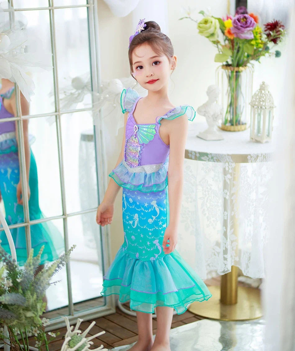 Halloween Costume Mermaid Dress Girl Ruffles Shell Fishtail Frocks Ariel Fantasy Luxury Princess Gown Children Fancy Fairy Dress