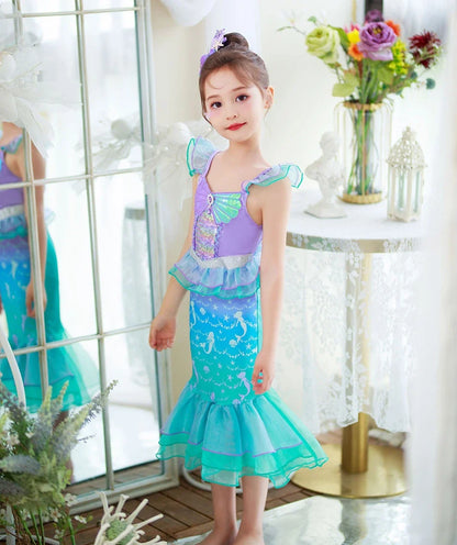 Halloween Costume Mermaid Dress Girl Ruffles Shell Fishtail Frocks Ariel Fantasy Luxury Princess Gown Children Fancy Fairy Dress