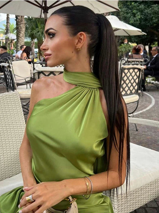 Sexy Satin Ribbon Party Dress Women Elegant Halter Backless Off Shoulder Sleeveless Female Dresses 2026 Summer Solid Robe Gown