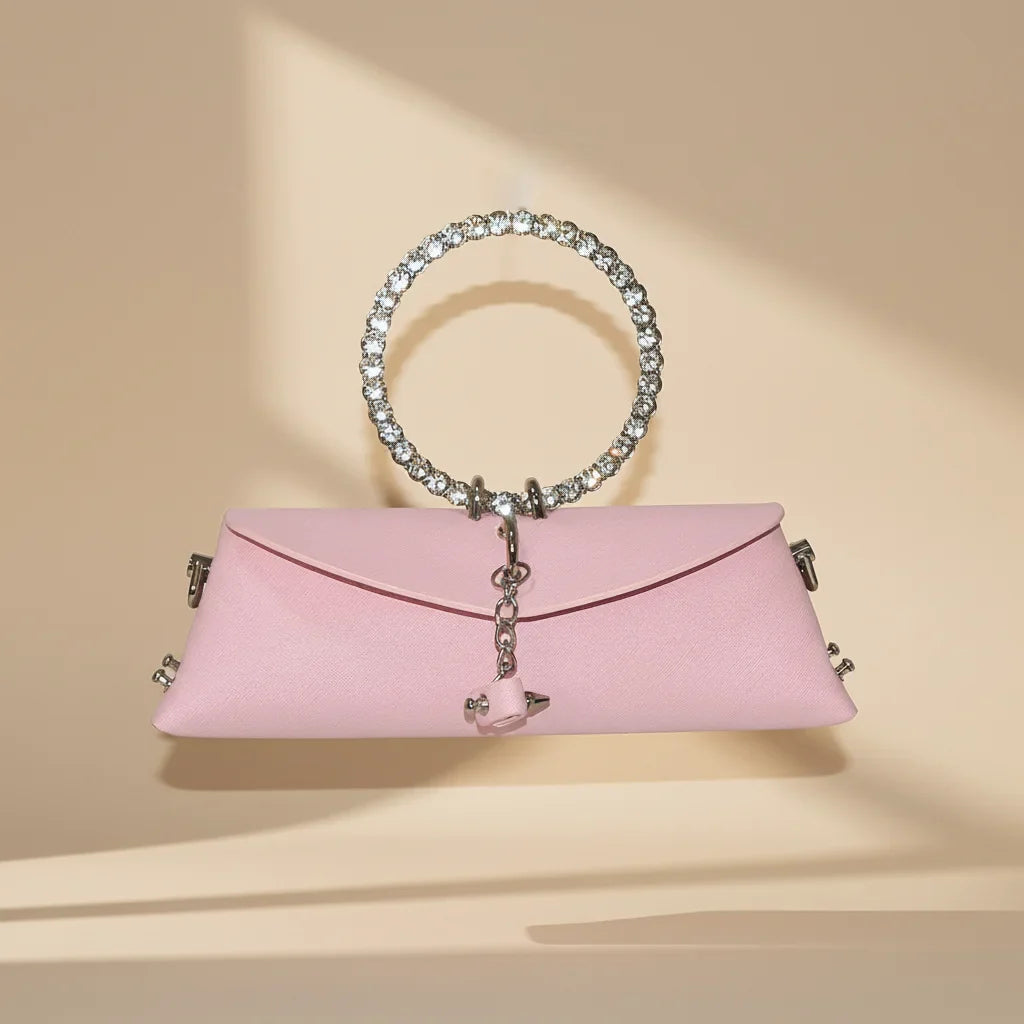 Clutch Bag Luxury Designer Handbag for Women 2025 with Chain Metal Ring Handle PU Leather Rhinestones Purses Shoulder Bag