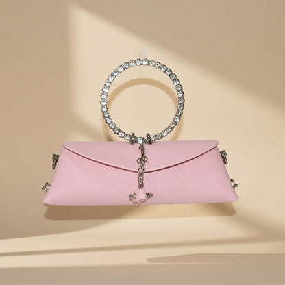 Clutch Bag Luxury Designer Handbag for Women 2025 with Chain Metal Ring Handle PU Leather Rhinestones Purses Shoulder Bag