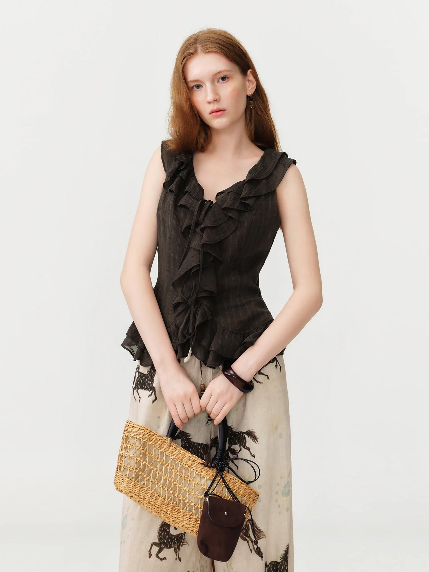 Retro Ruffled Tie-Waist Sleeveless Fitted Waist Shirt Women's 2026 Summer New Top Korean Style Sweet Girls Silk