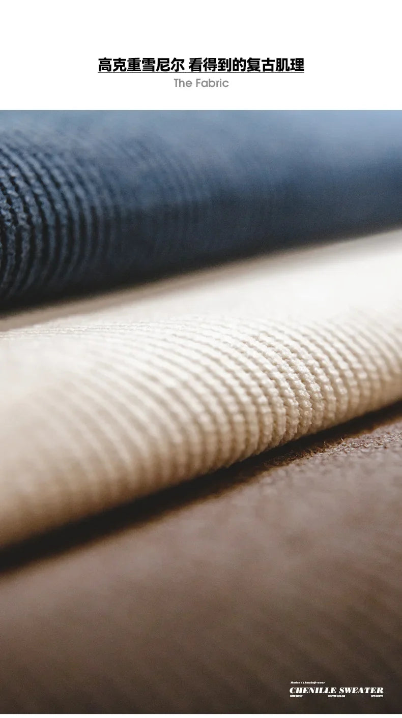 Heavyweight Round Collar Chenille Sweater for Men Spring and Autumn Basic Styles Long-sleeved Pullover Navy Blue T-shirts