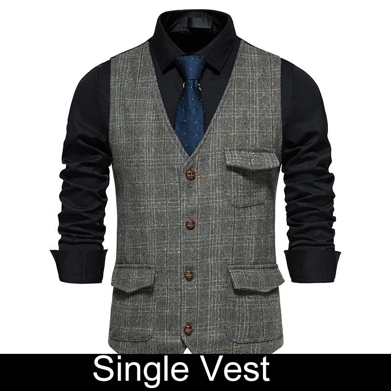 Man Waistcoat British Style Plaid Single-breasted Men Suit Vest Retro Slim V-neck Sleeveless Pocket Male Casual Vest