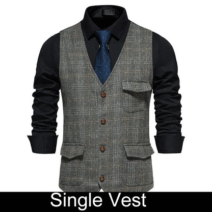 Man Waistcoat British Style Plaid Single-breasted Men Suit Vest Retro Slim V-neck Sleeveless Pocket Male Casual Vest