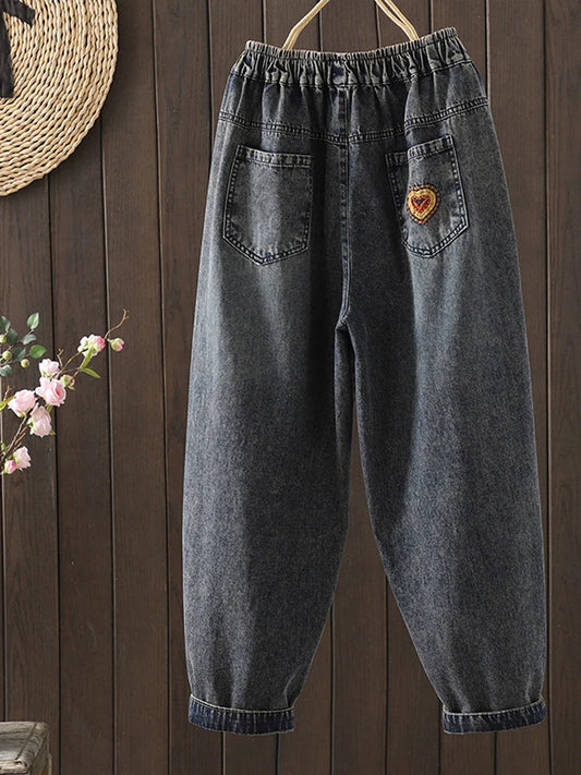 Fashion Y2K Women's Jeans plus Size Elastic Waist patch embroidery print Harem Pants Autumn Vintage Loose Ripped Denim Pants