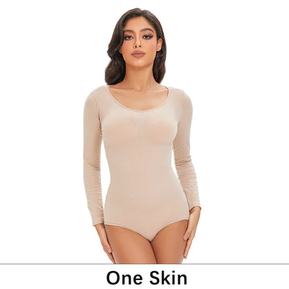 Spandex Elastic Body Suit Shapewear Women Body Shaper Tummy Control Long Sleeve Open Crotch Round Neck Seamless Shapers