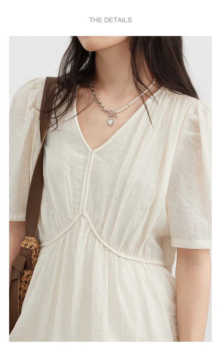 Women Dresses French Style Vintage V-neck Puff Sleeve Long Dress Solid Black Loose Female Clothing Summer New 2023