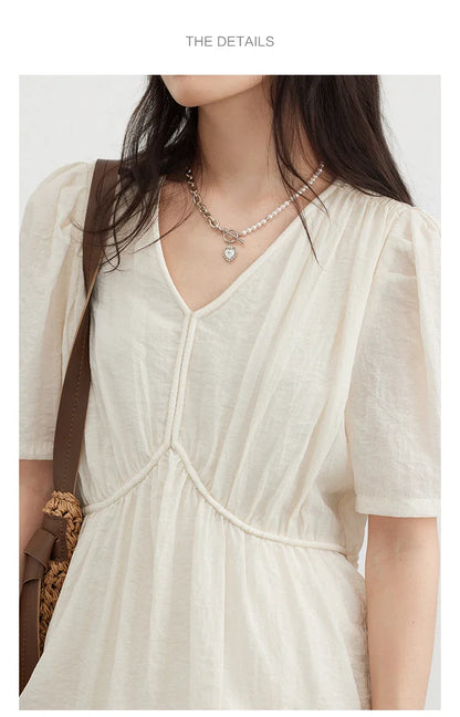 Women Dresses French Style Vintage V-neck Puff Sleeve Long Dress Solid Black Loose Female Clothing Summer New 2023